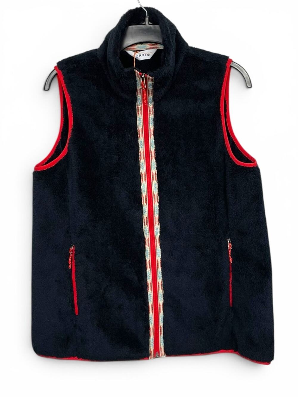 New Orvis women’s big sky Navy Fleece Vest with Red Aztec patterned Trim Medium